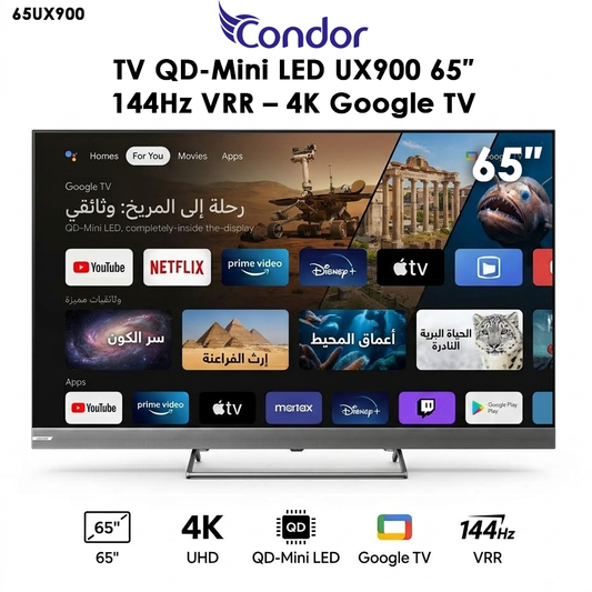 CONDOR 65UX900 – Téléviseur 65 Pouces 4K UHD Smart TV (QD-Mini LED / Google TV / 144Hz VRR)