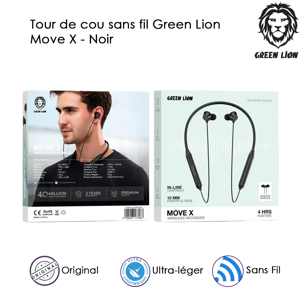 Green Lion Move X - Écouteurs Neckband Bluetooth 5.3 Noir