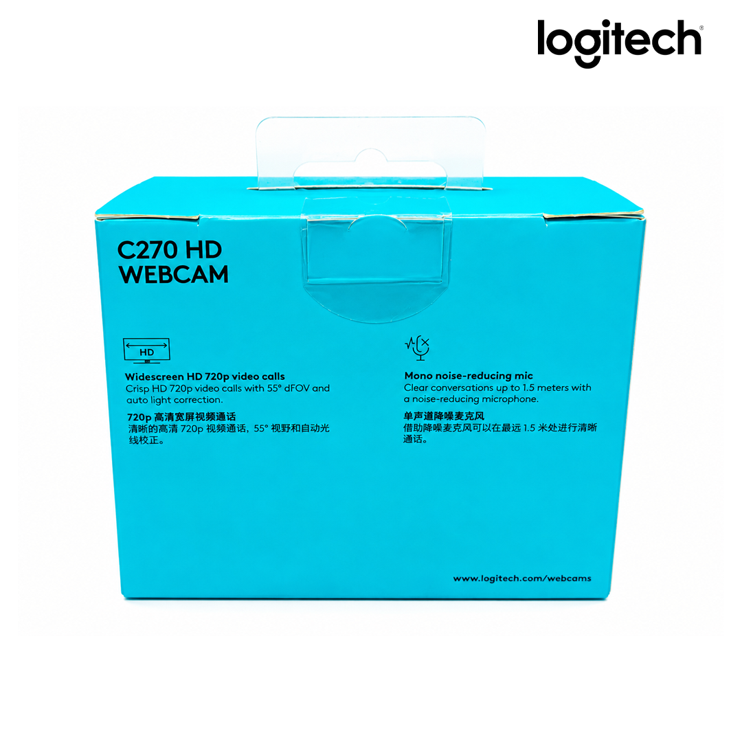 Webcam HD Logitech C270, résolution 720p à 30fps, micro intégré anti-bruit, USB Plug & Play. Idéale pour le télétravail. Livraison rapide en Algérie.
