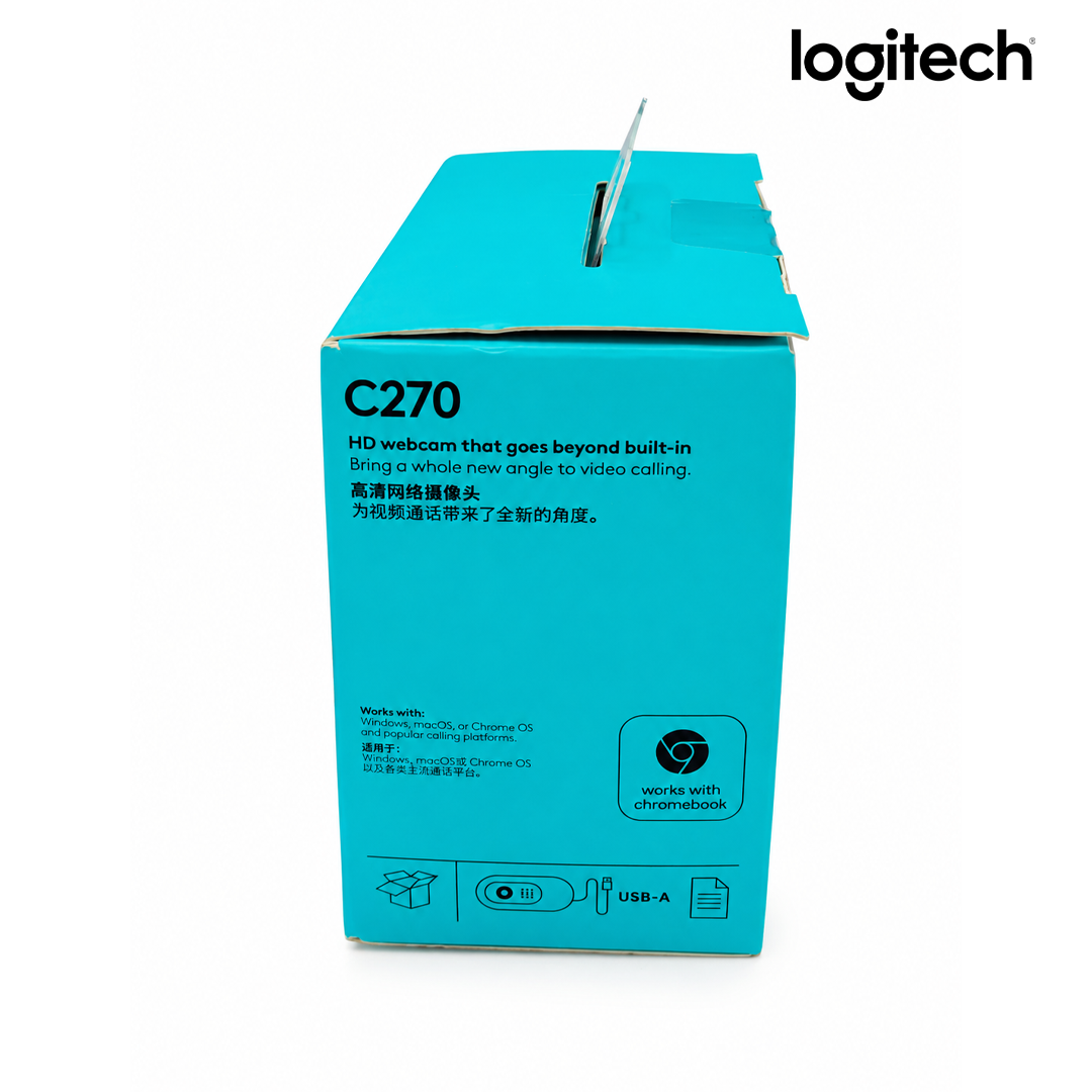 Webcam HD Logitech C270, résolution 720p à 30fps, micro intégré anti-bruit, USB Plug & Play. Idéale pour le télétravail. Livraison rapide en Algérie.