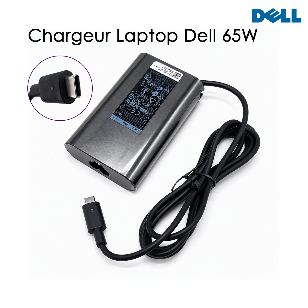 Chargeur Laptop Dell 65W – Fiche Type C avec Câble Trèfle en Excellent État