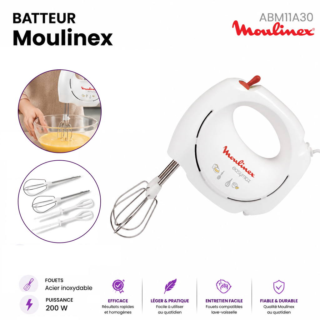 Moulinex – Batteur Electrique Easy Max – 200W - Blanc - Modèle ABM11A30