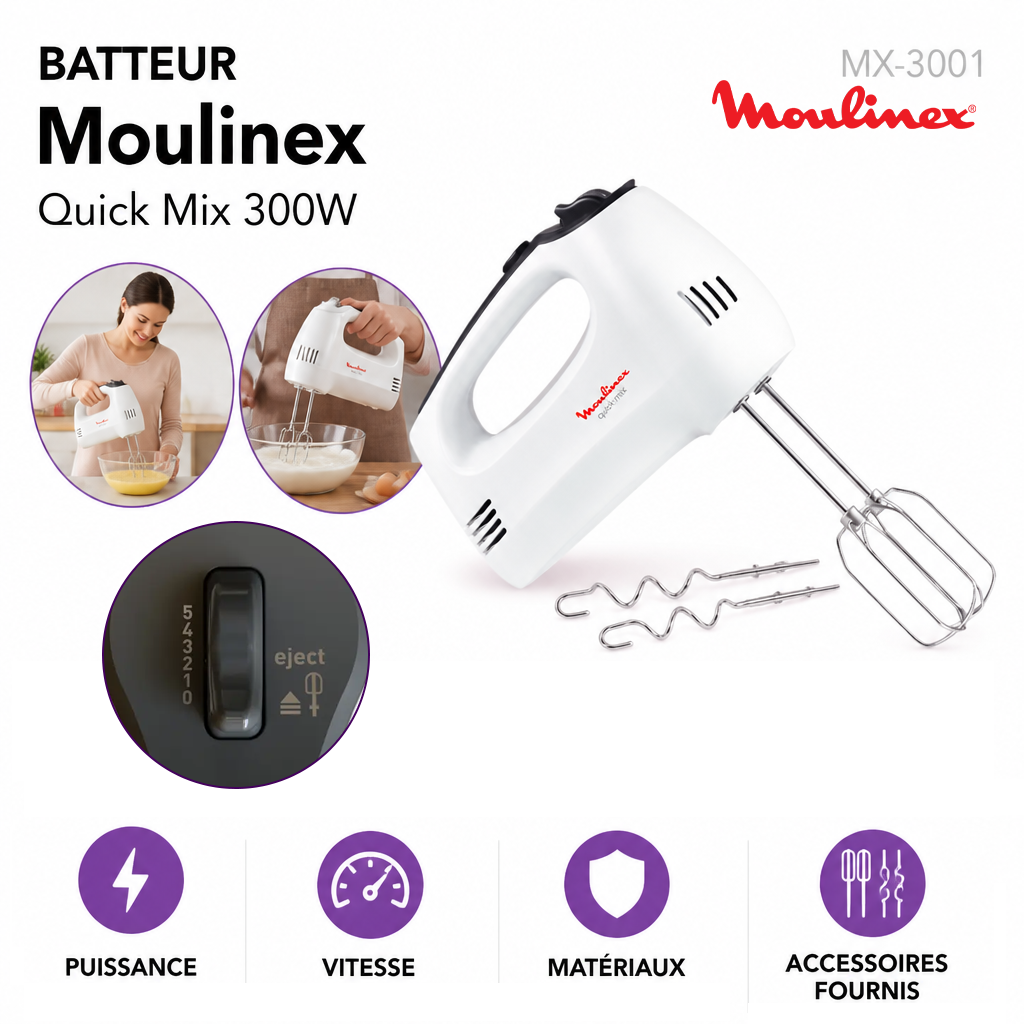 Moulinex – Batteur Electrique QuickMix HM3101B1 – 300W