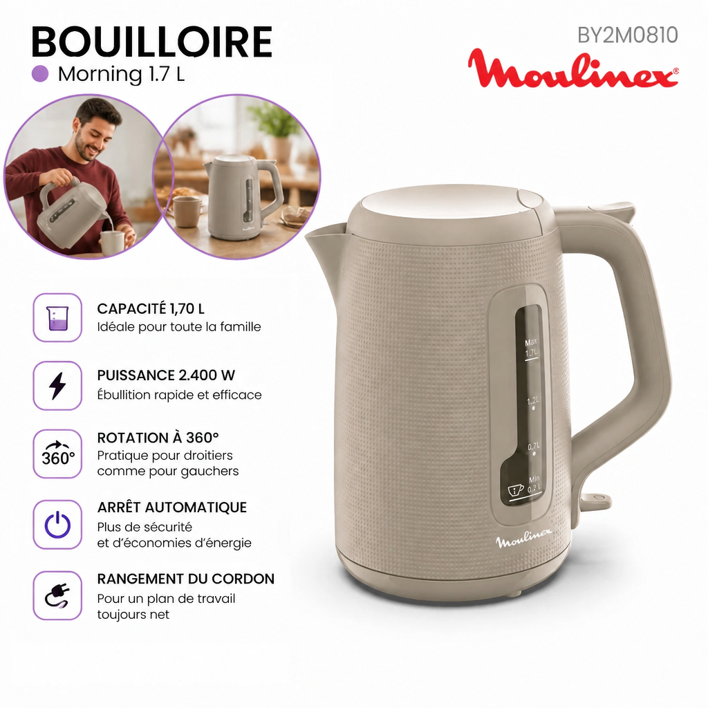 Moulinex – Morning BY2M0810 – Bouilloire Electrique - 1.7 L – 2400 W