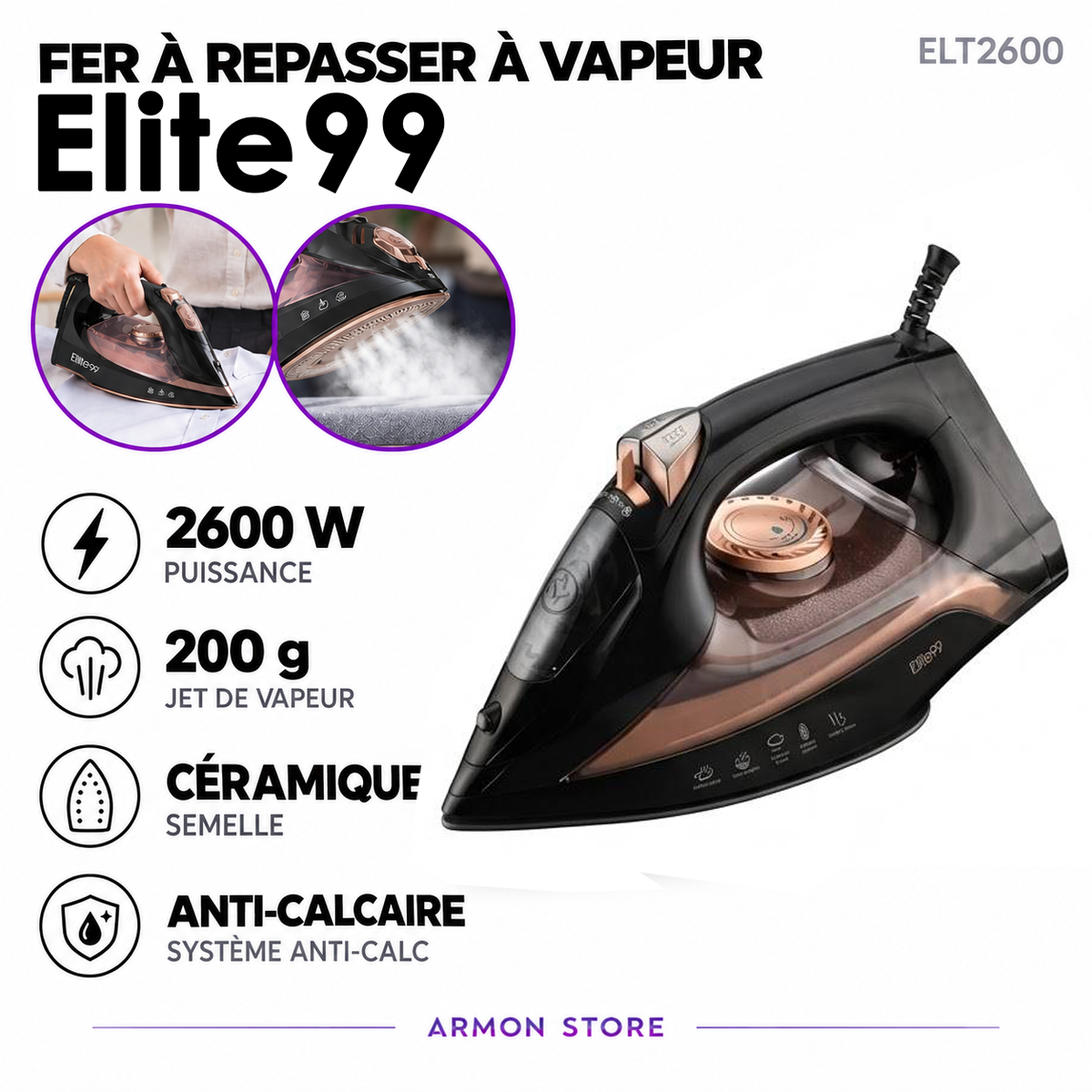 Elite99 – ELT-2600 – Fer a Repasser Vapeur - Puissance 2600 W