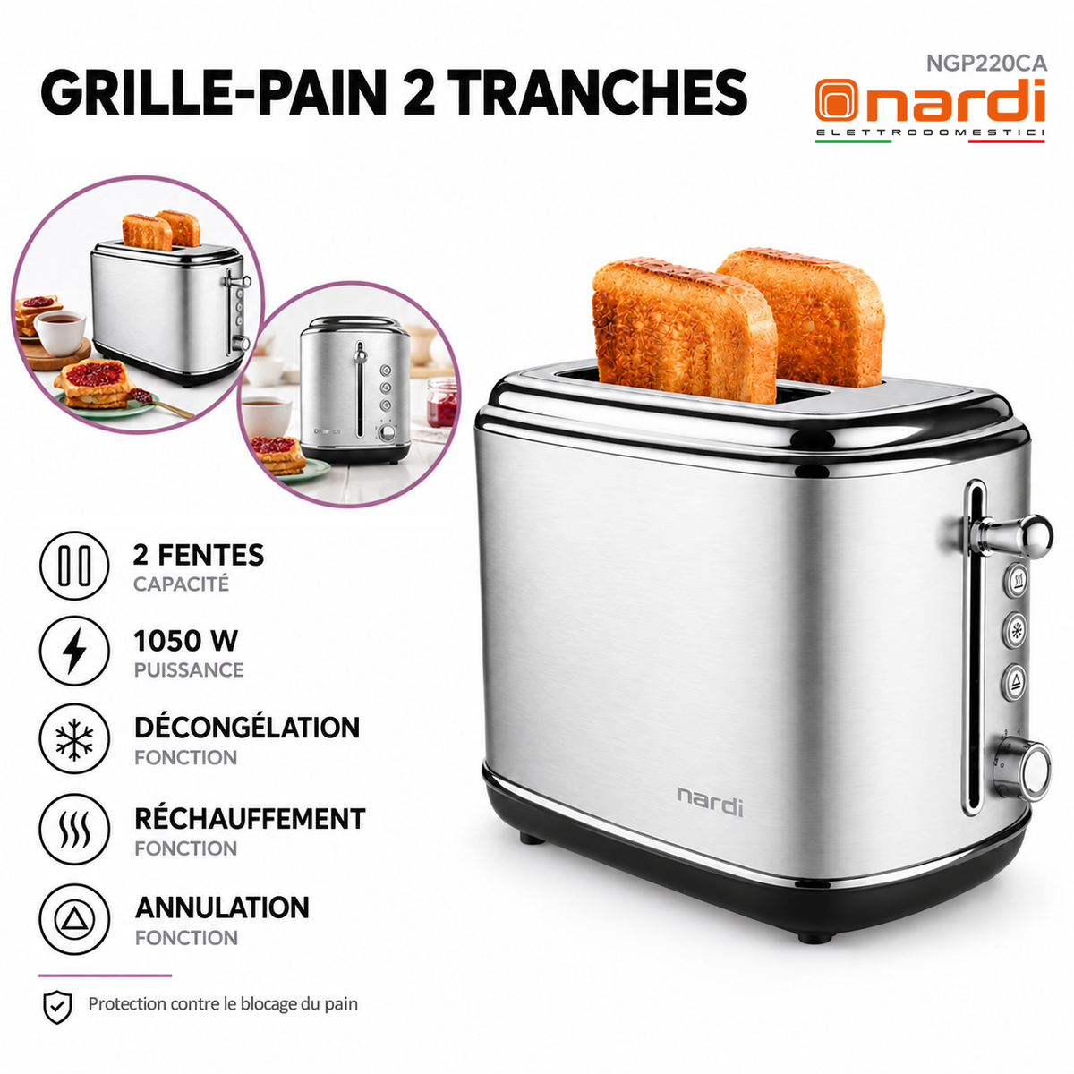 Nardi – NGP220CA – Grille-Pain 2 Tranches - Puissance 1050 W