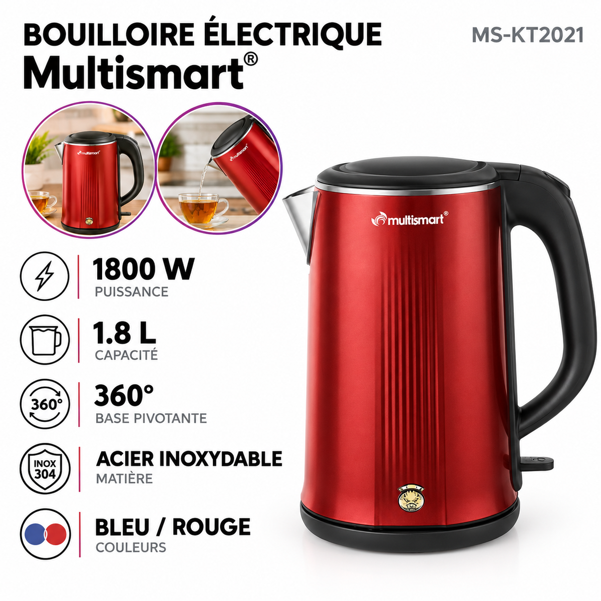 Multismart – MS-KT2021 – Bouilloire Electrique - Inox 304 1.7 L