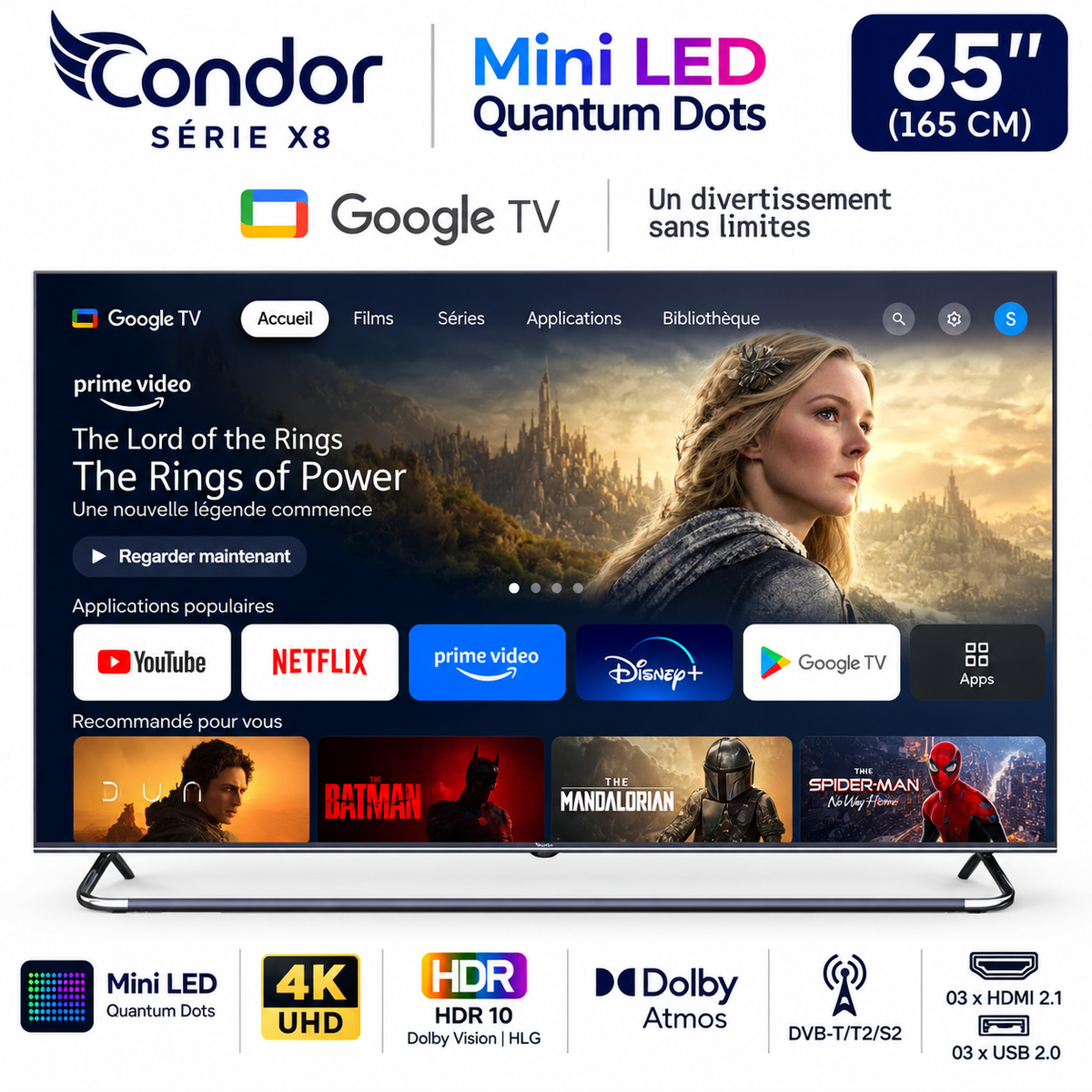 Condor 65UX800 – Televiseur 65 Pouces 4K UHD Smart TV (Mini LED Quantum Dots / Google TV / Dolby Vision / Dolby Atmos)