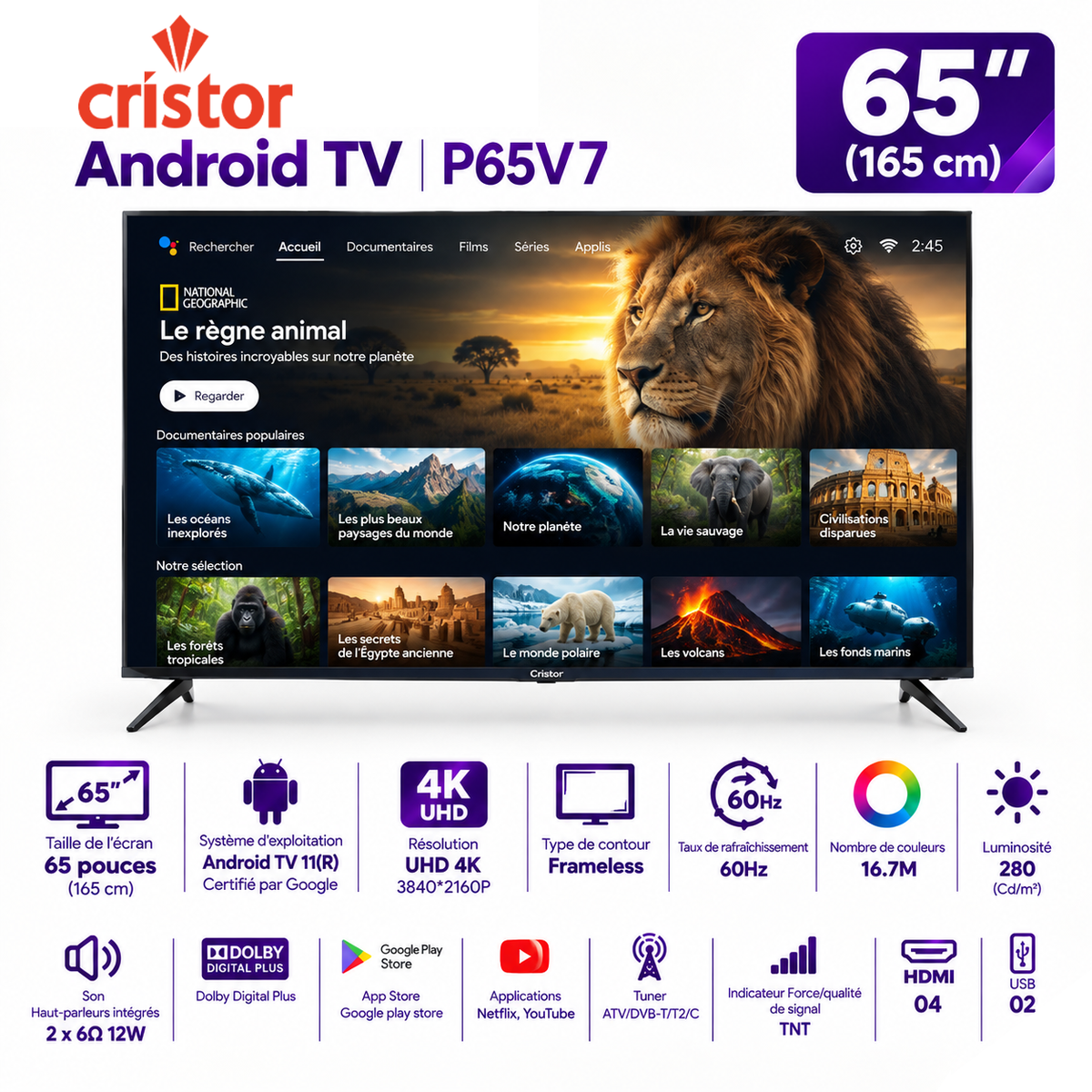 CRISTOR 4K SMART TV 65"/Série V/ANDROID P65V7