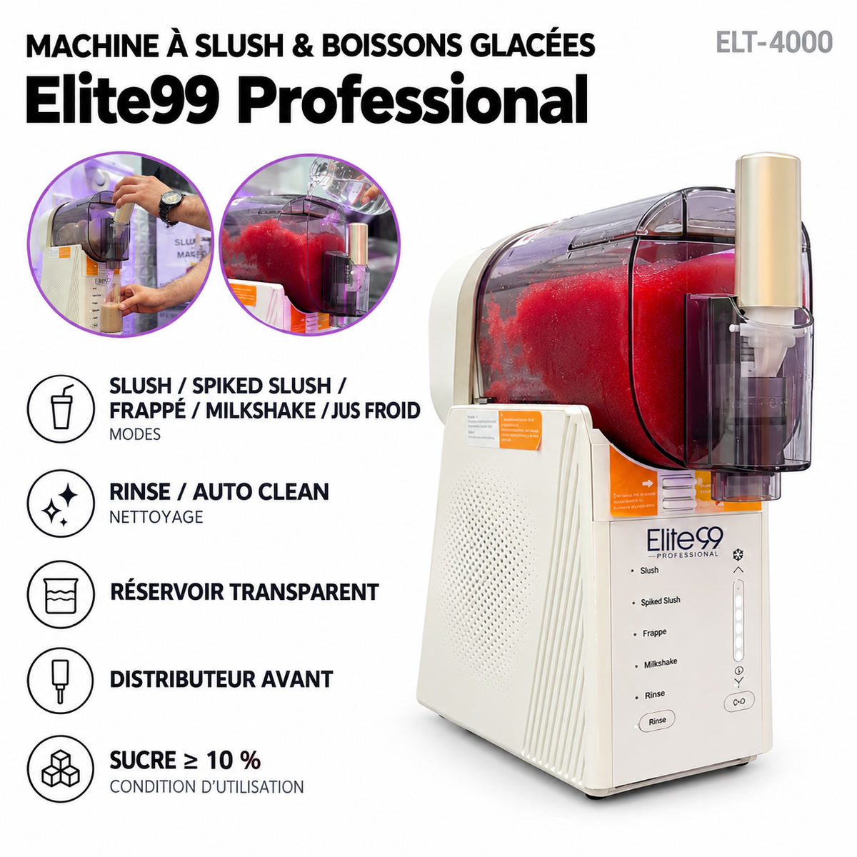 Elite99 – ELT-4000 – Machine à Slush & Boissons Glacées Professionnelle - Réservoir Transparent