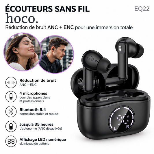 Hoco EQ22 – Ecouteurs Sans Fil TWS - Bluetooth 5.4 - ANC + ENC - Noir