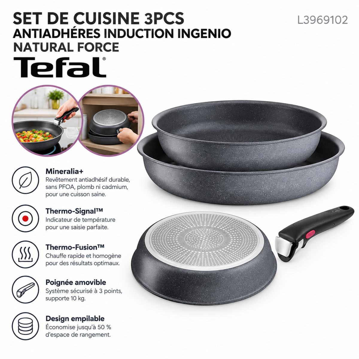 Tefal Ingenio Natural Force L3969102 – Ensemble de 2 poêles (24 et 28 cm) avec poignée amovible