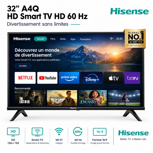 Hisense 32A4Q – Televiseur 32 Pouces HD Smart TV (Natural Colour Enhancer / Share to TV)