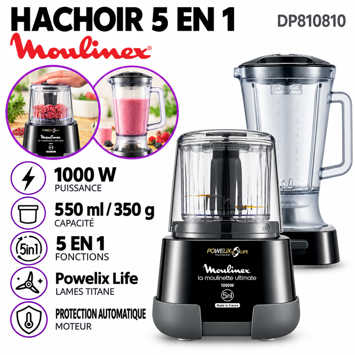 Moulinex – DP815810 – Hachoir Electrique Multifonction - Puissance 1000 W