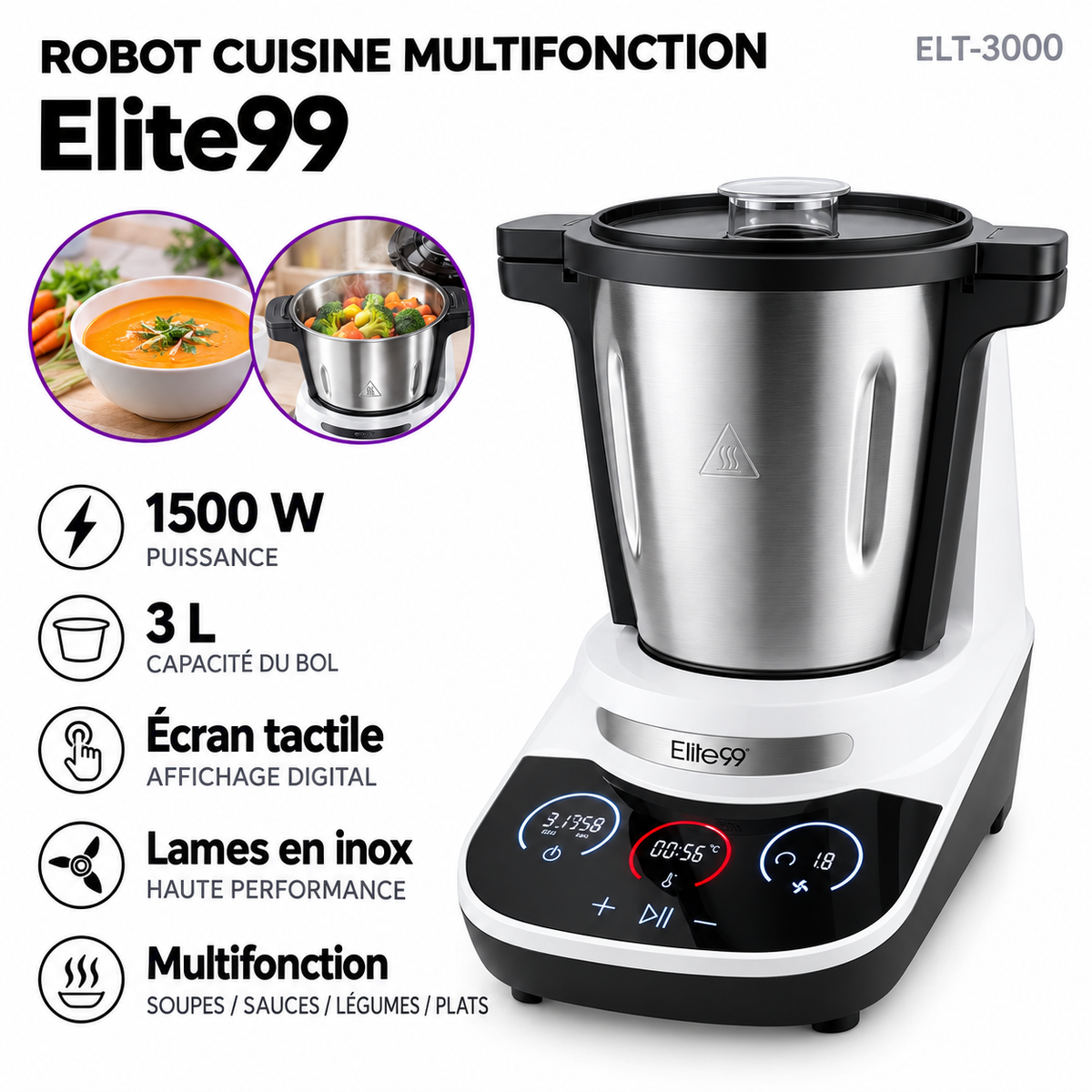 Elite99 – ELT-3000 – Robot Cuiseur Multifonction - Puissance 1500 W
