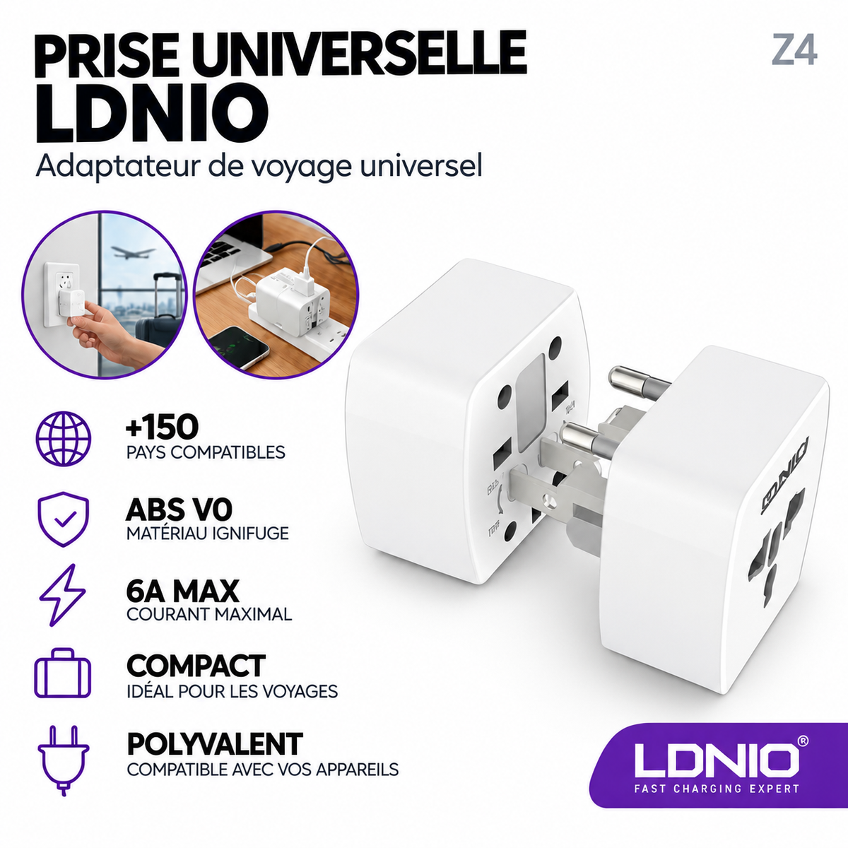 Ldnio – Z4 – Prise Universelle de Voyage - Puissance 6A Max