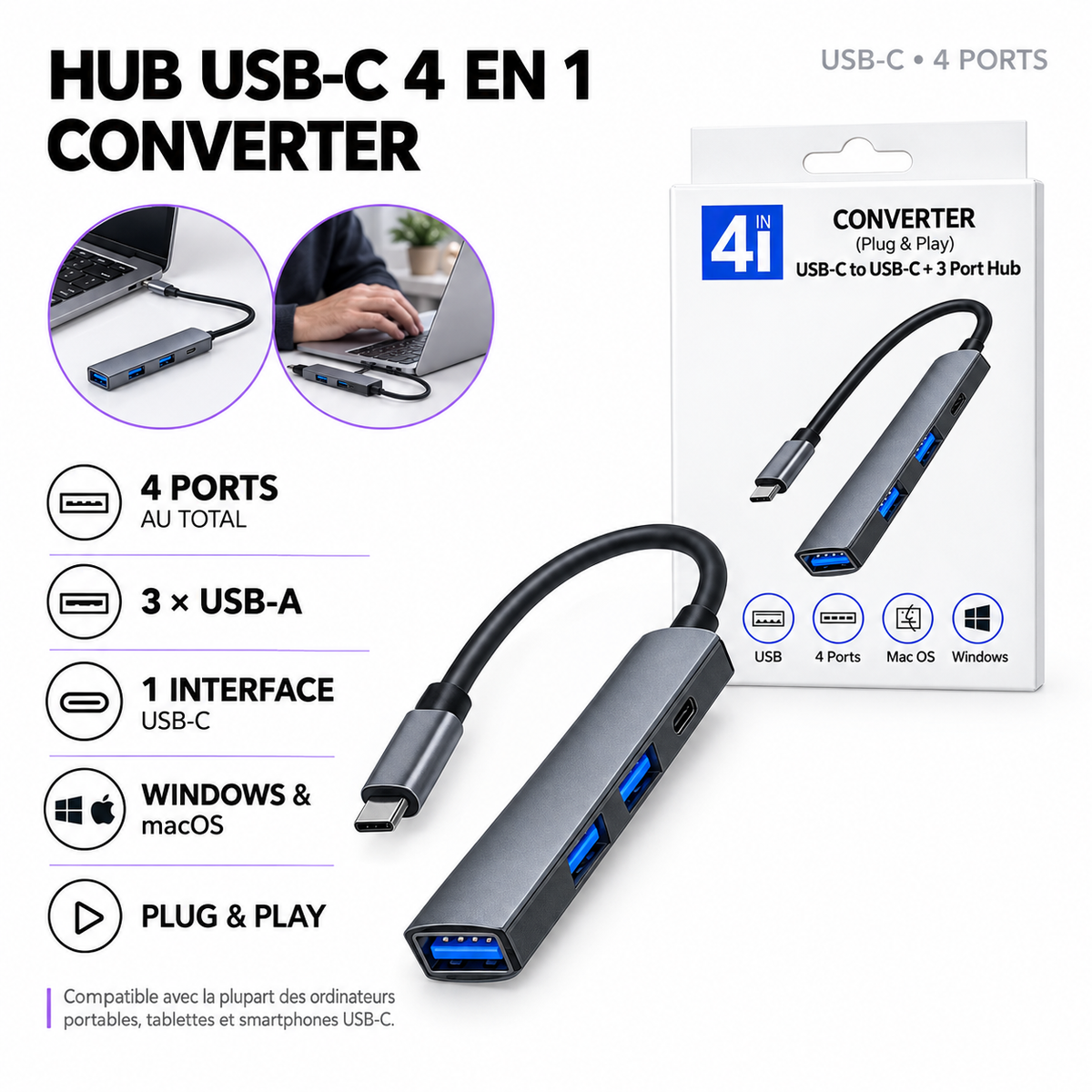 Hub USB-C 4 en 1 Converter - USB-C vers 3 USB-A + USB-C