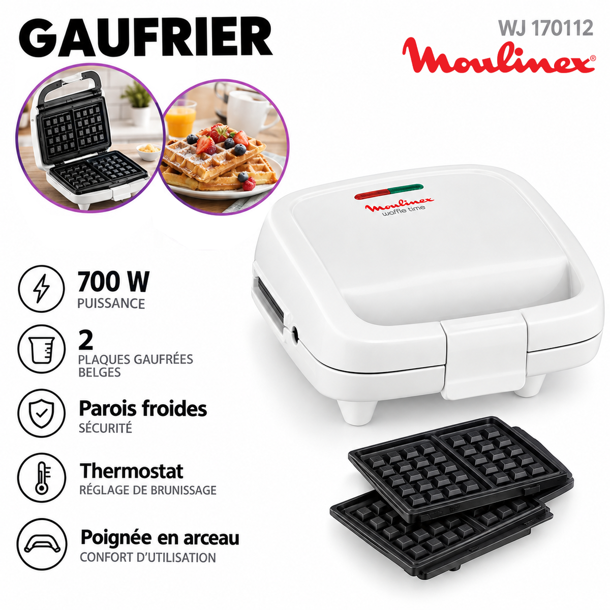 Moulinex – Waffle Time WJ170112 – Gaufrier - 2 Plaques Gaufrées Belges