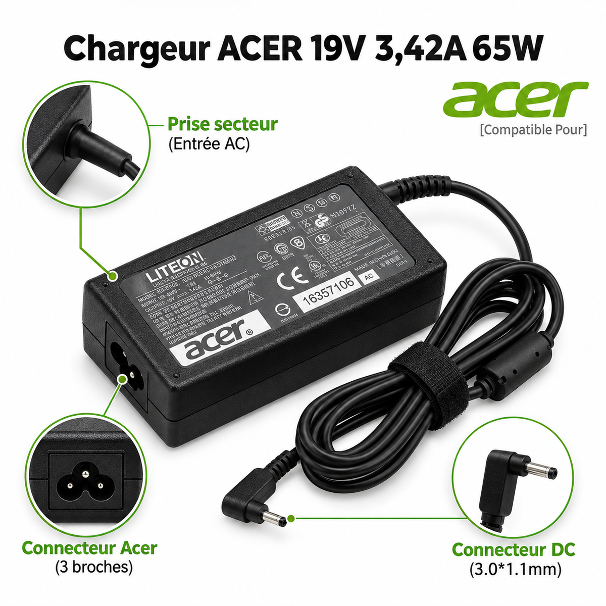 Chargeur Laptop Acer Original – 65W - 19V – 3.42A - Connecteur 3.0x1.1mm - État Neuf