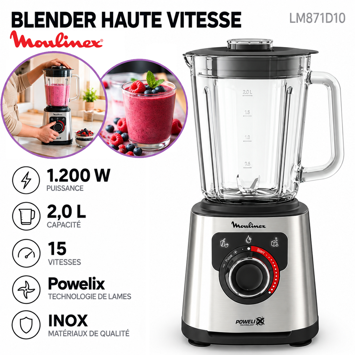 Moulinex – LM871D10 – Blender Haute Vitesse - Bol en Verre 2 L et Puissance 1200 W