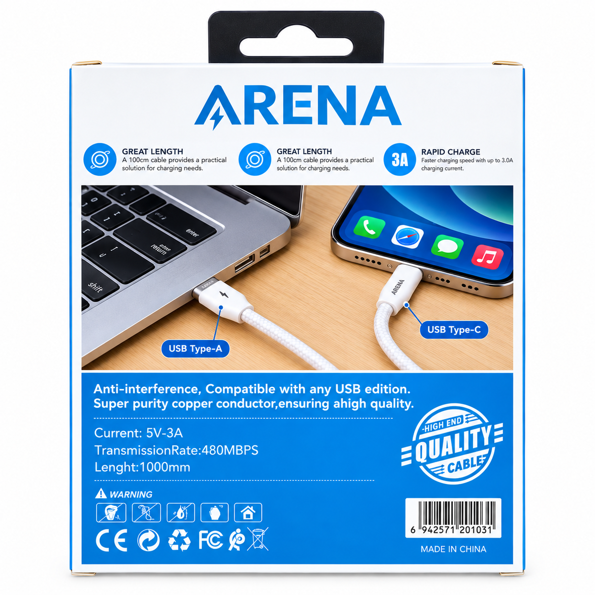 Arena AR-01 – Cable USB-A vers USB-C 3A