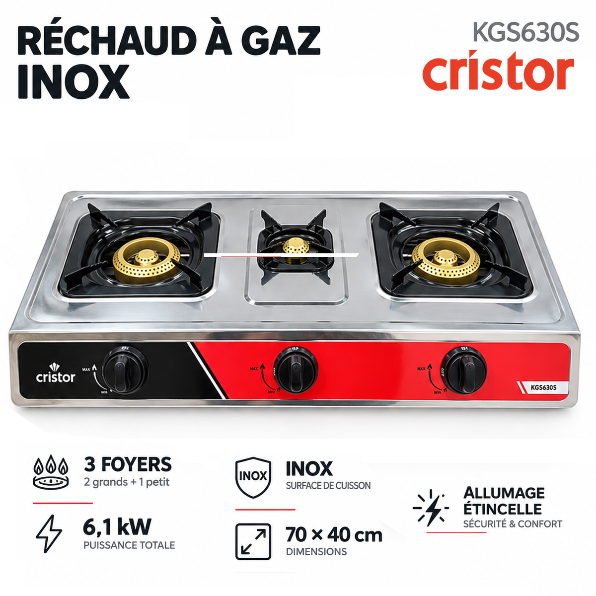 Cristor KGS630S – Rechaud a gaz Inox 3 feux 6,1 kW