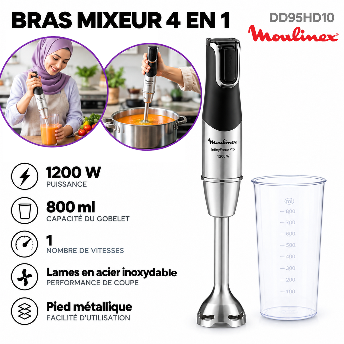 Moulinex Bras Mixeur 4 En1 1200W InfinyForce Pro Moulinex DD95HD10