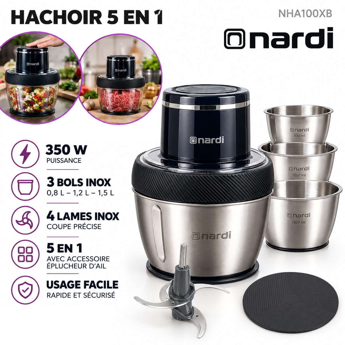 Nardi – NHA100XB – Hachoir 5 en 1 - Puissance 350 W et 3 Bols Inox