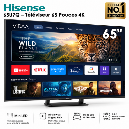 Hisense 65U7Q – Téléviseur 65 Pouces 4K UHD Smart TV (ULED MiniLED / 165Hz / VIDAA OS)