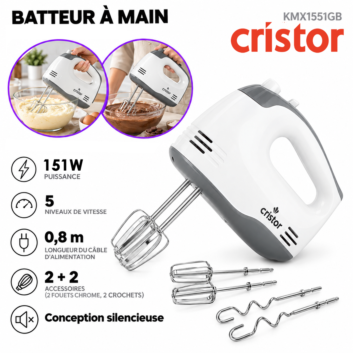 Cristor – Batteur a Main KMX1551GB – 151W - 5 Vitesses avec Crochets