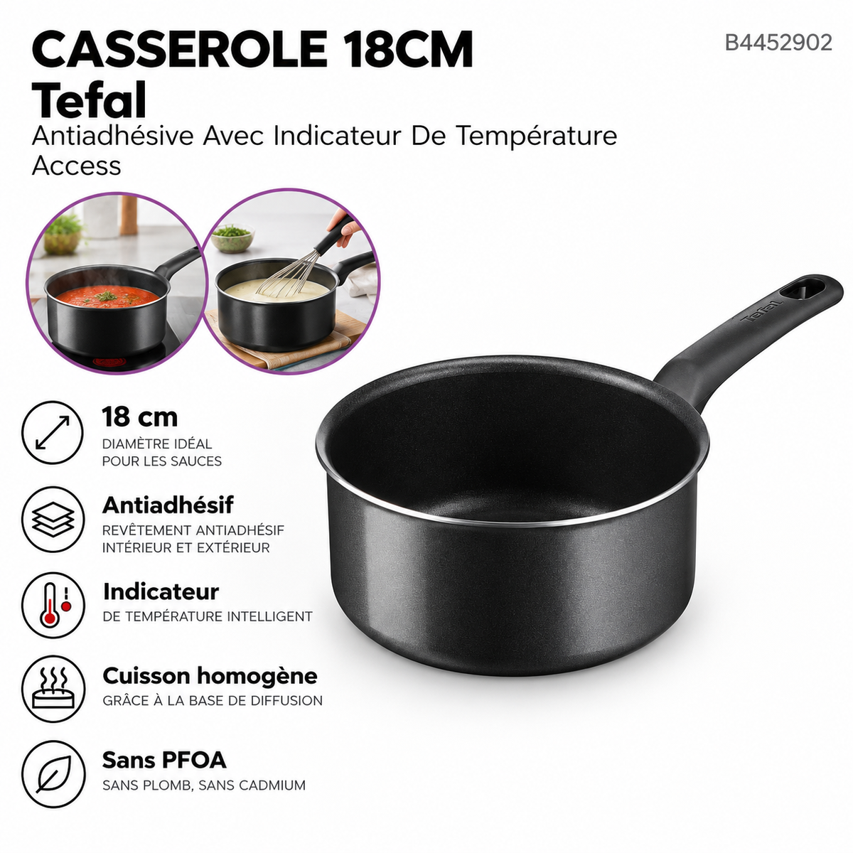 Tefal Access B4452902 – Casserole 18 cm antiadhésive avec indicateur de température