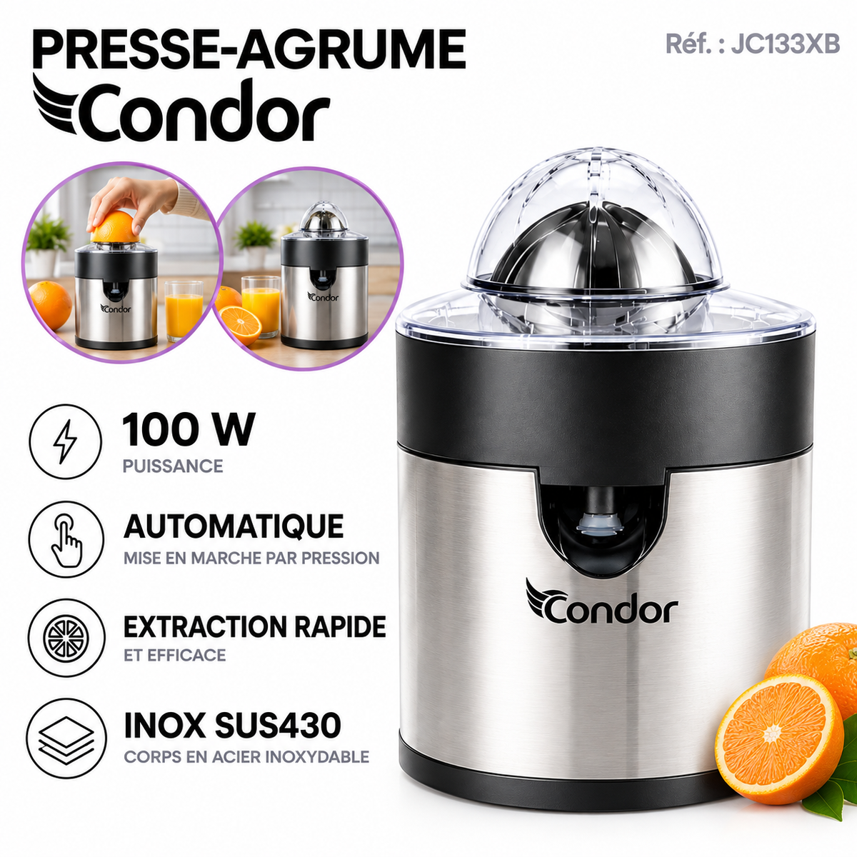 Condor – JC133XB – Presse-agrumes Electrique - Corps Inox SUS430