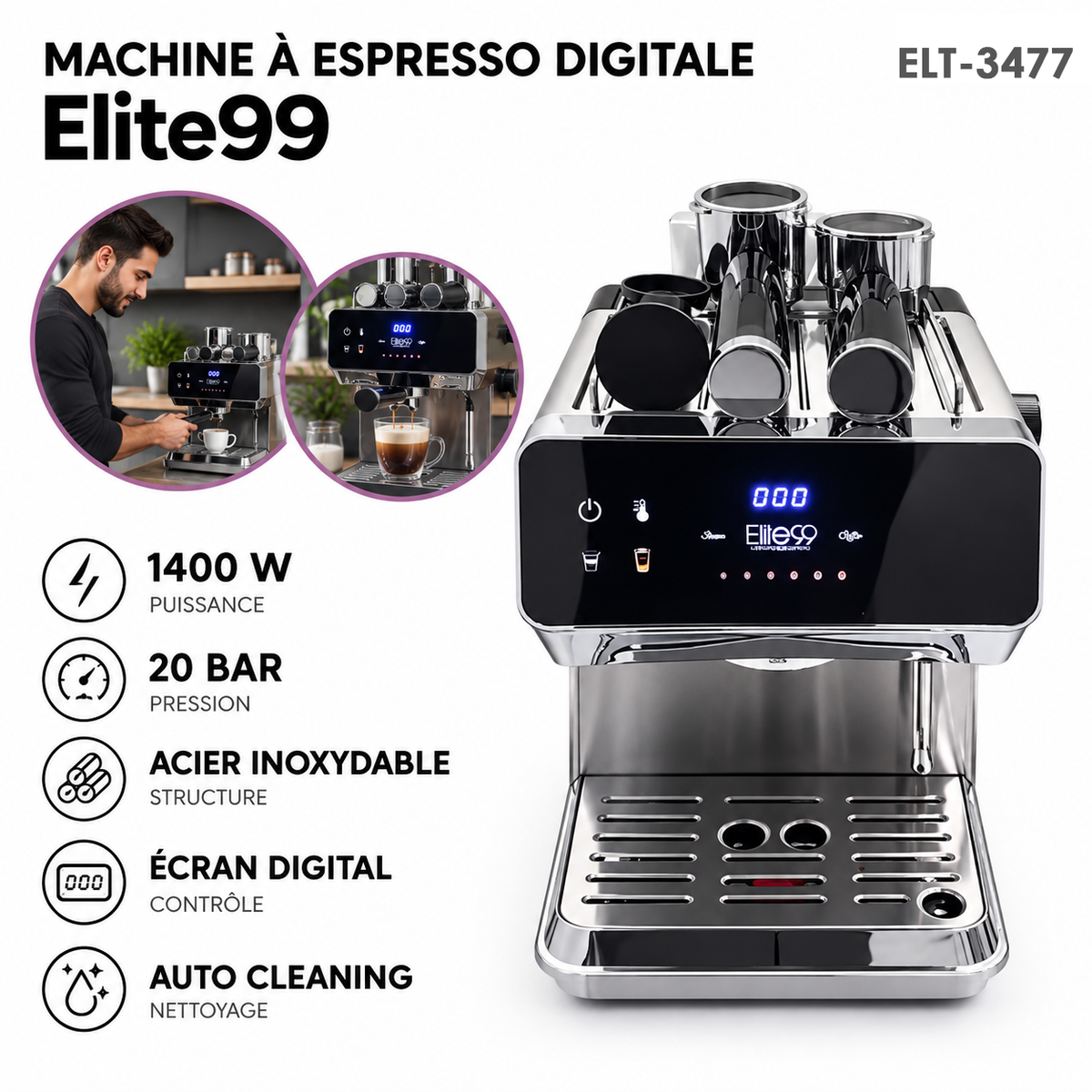 Elite99 – ELT-3477 – Machine à Expresso - Puissance 1400 W