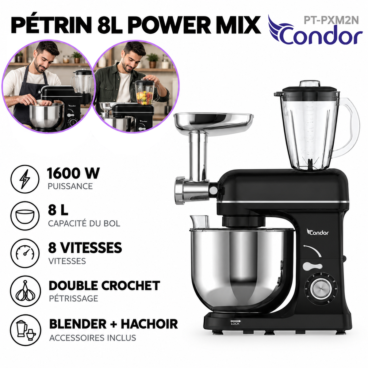 Condor – PT-PXM2N – Pétrin Power Mix Multi Fonction - Cuve Inox 8 L et Puissance 1600 W