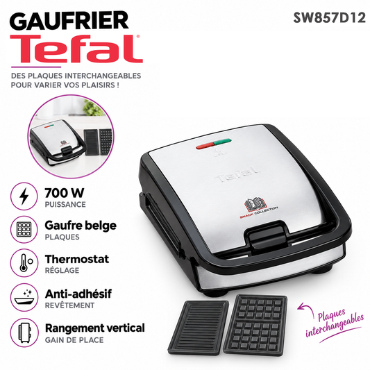 Tefal Snack Collection SW857D12 Appareil Gaufre et Grill - Plaques Interchangeables Antiadhésives
