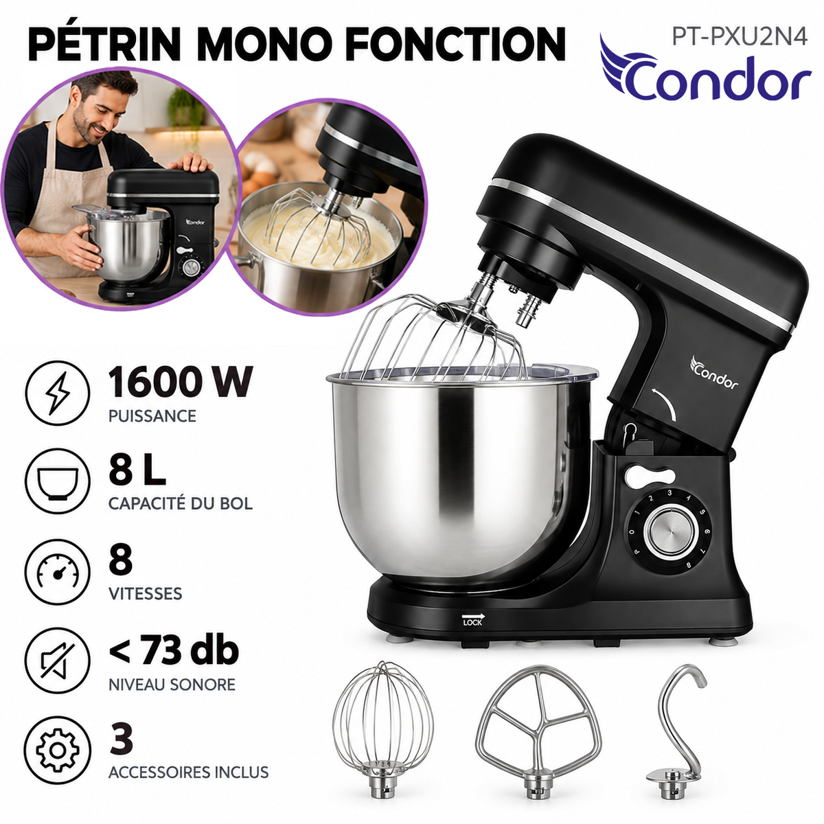 Condor – PT-PXU2N4 – Pétrin Mono Fonction - Cuve Inox 8 L et Puissance 1600 W