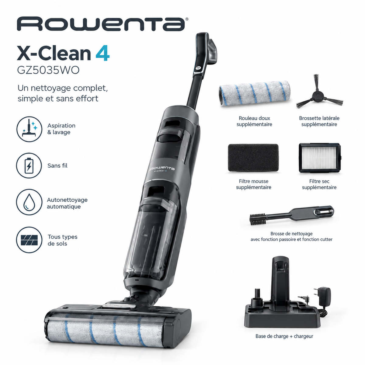 Aspirateur laveur sans fil Rowenta X-Clean 4 GZ5035WO