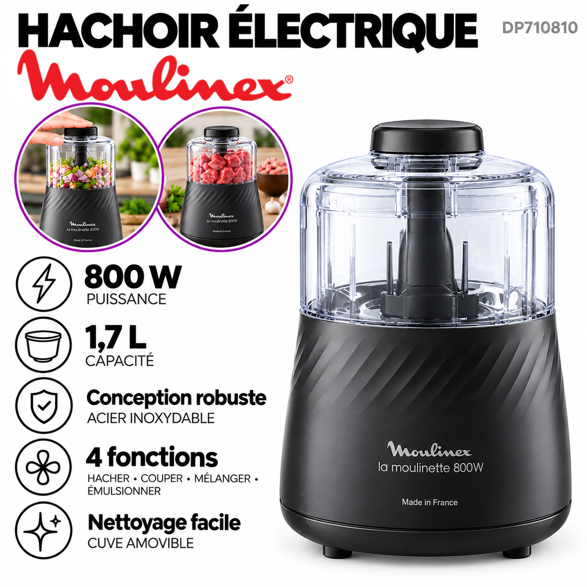 Moulinex – DP710810 – Moulinette Hachoir Électrique - Puissance 800 W et Bol 1,7 L
