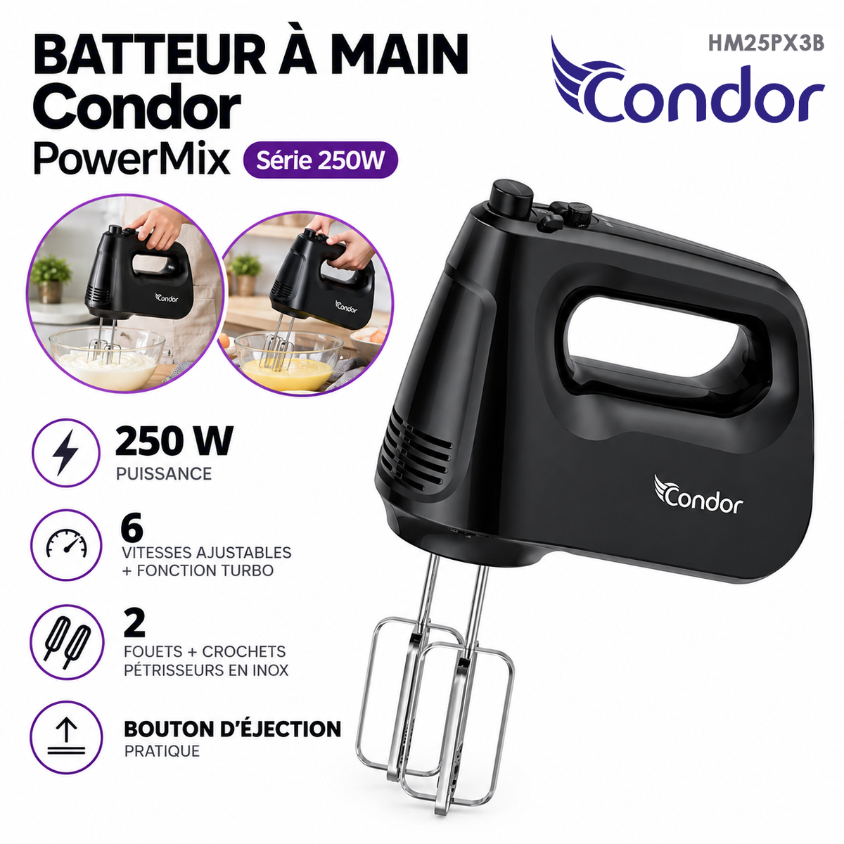 Condor – Batteur à Main PowerMix HM25PX3B – 250W