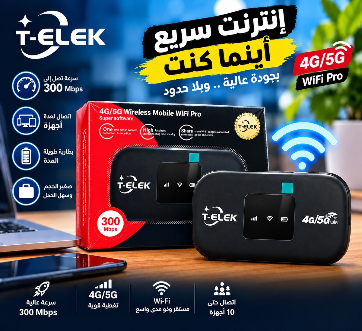 T-ELEK 4G/5G Wireless Mobile WiFi Pro - Routeur 300 Mbps