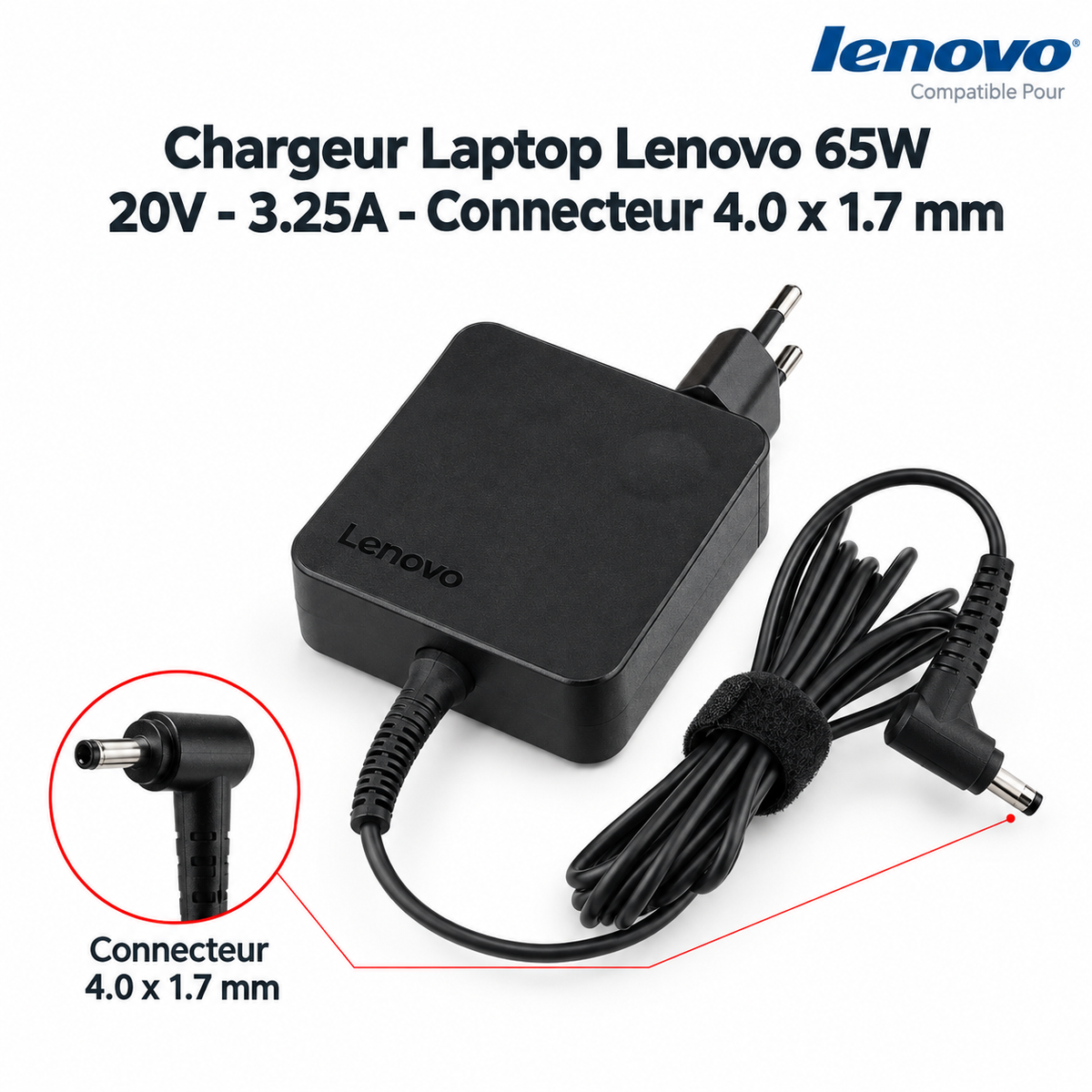 Chargeur Laptop Lenovo Original – 65W - 20V – 3.25A -Connecteur 4.0x1.7mm - État Neuf