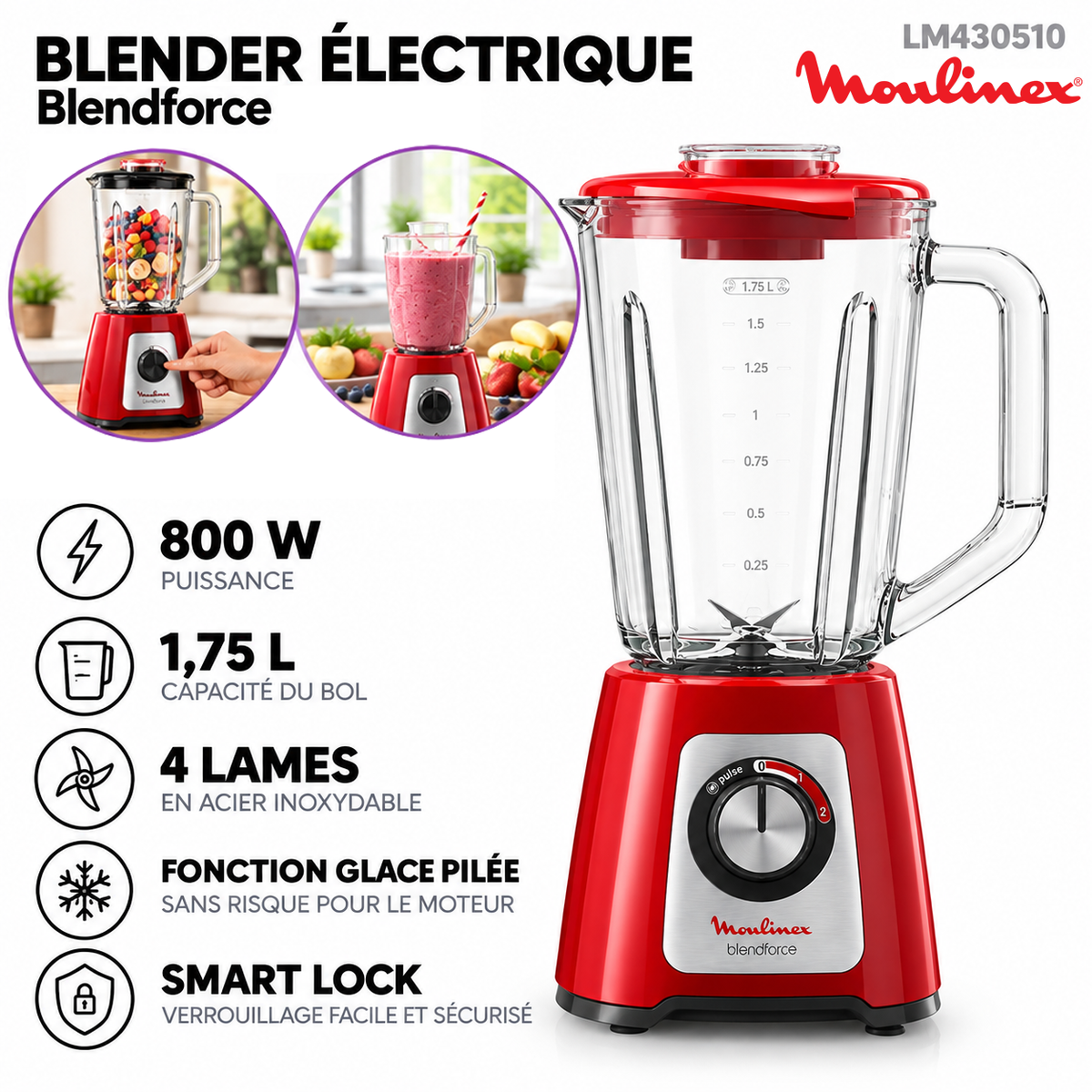 Moulinex – LM430510 – Blender de Cuisine - Bol en Verre 1,75 L et Puissance 800 W