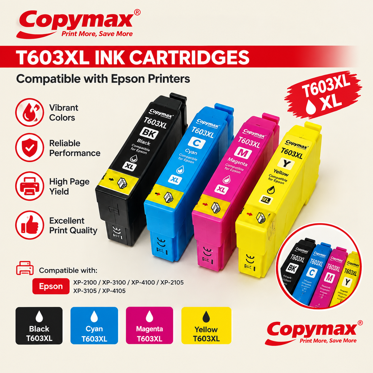 Cartouches d'Encre Copymax T603XL - Pack 4 Couleurs Epson