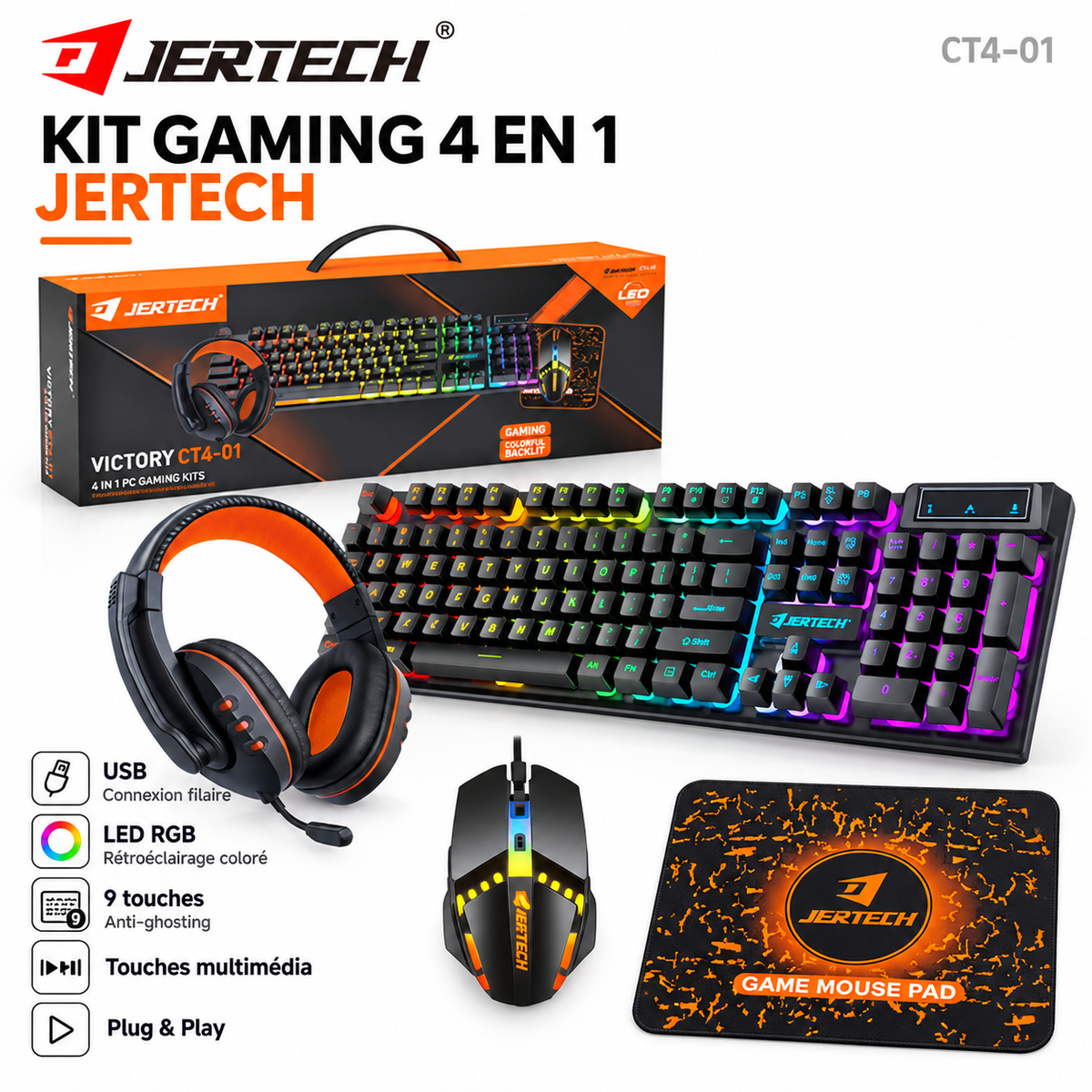 JERTECH CT4-01 – Pack Gaming 4 en 1 (Clavier, Souris, Casque et Tapis de souris)