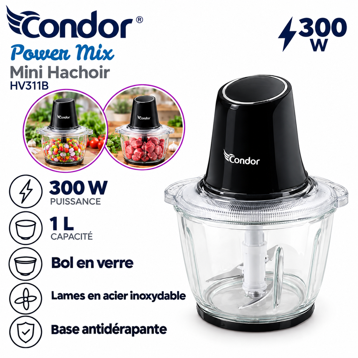 Condor – HV311B – Mini Hachoir Électrique - Bol en Verre 1 L et Puissance 300 W