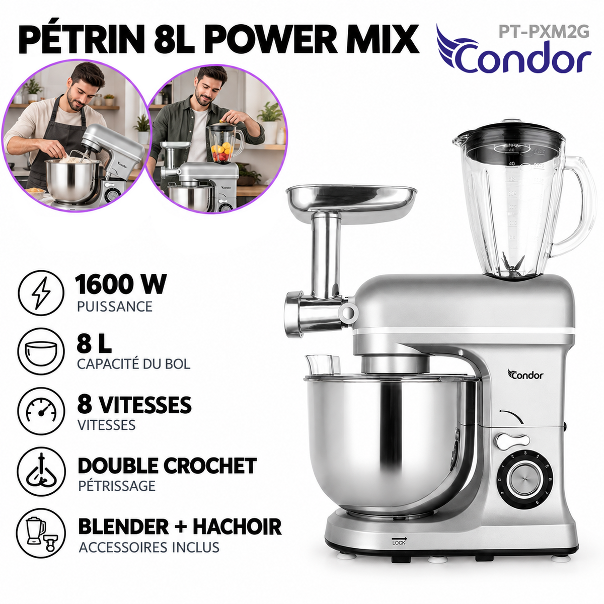 Condor – PT-PXM2G – Pétrin Power Mix Multi Fonction - Cuve Inox 8 L et Double Crochet
