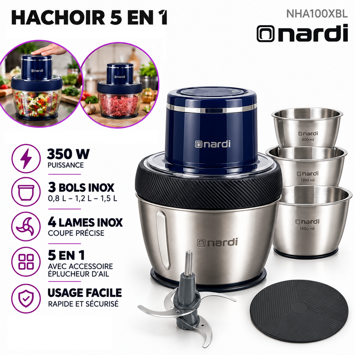 Nardi – NHA100XBL – Hachoir 5 en 1 - Puissance 350 W et 3 Bols Inox