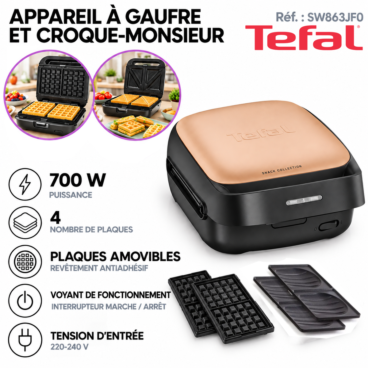 Tefal – SW863JF0 – Appareil a Gaufre et Croque-Monsieur - 4 Plaques Amovibles