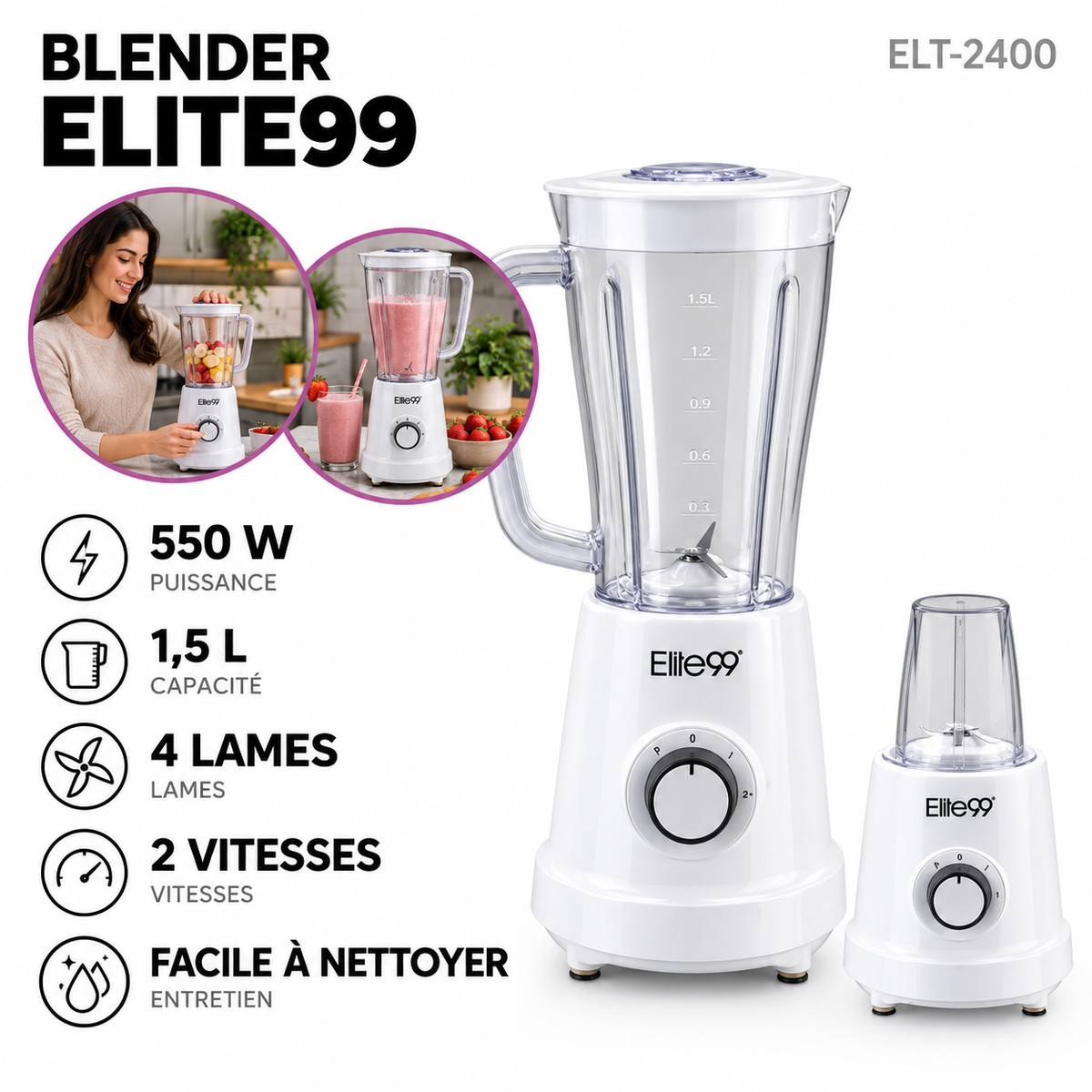 Elite99 – ELT-2400 – Blender de Cuisine - Puissance 550W