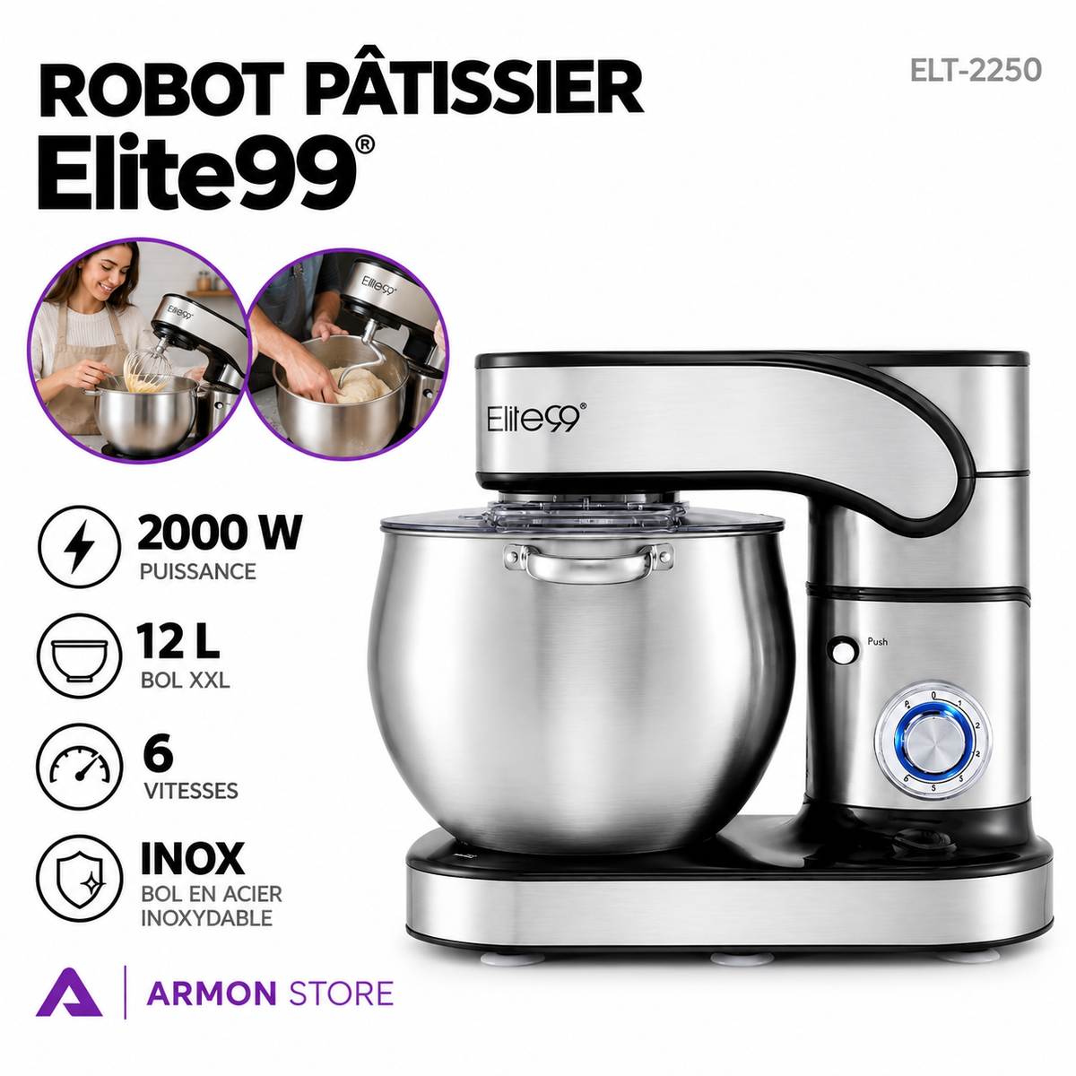 Elite99 – ELT-2250 – Robot Pâtissier Professionnel - Puissance 2000 W